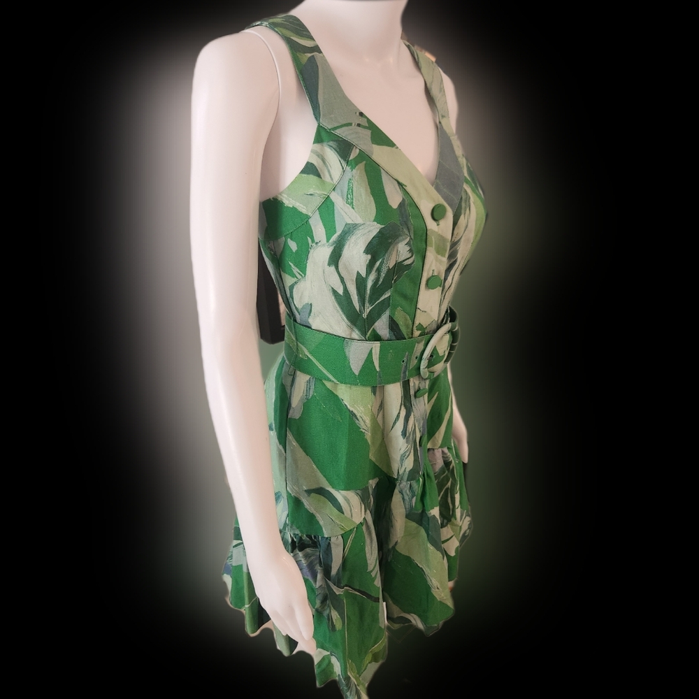 Ted Baker Green Linen tropical print linen resort wear mini-dress NWT.